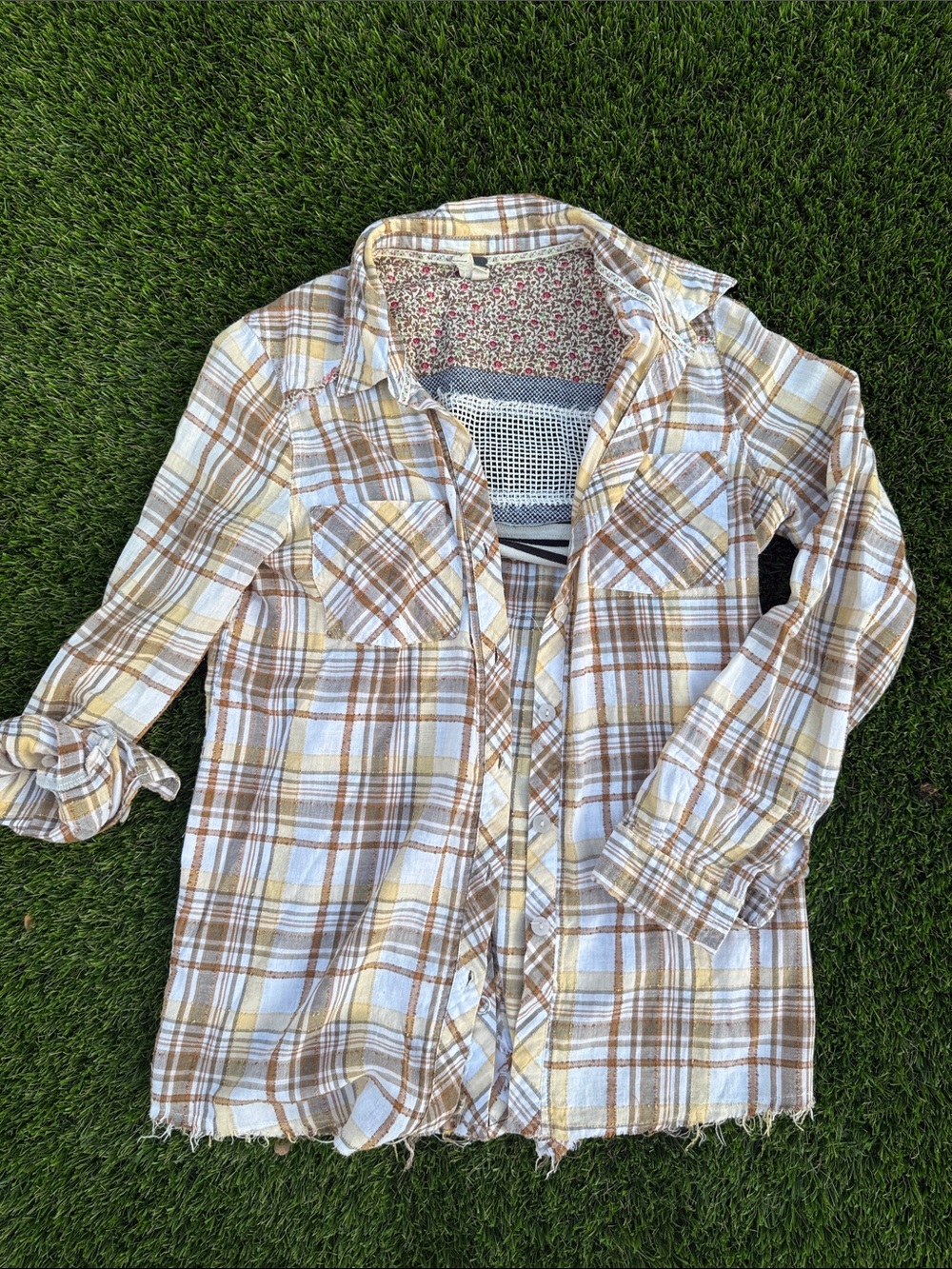 We The Free Plaid & Floral Mix Shirt in Cream, Brown, Yellow and Red